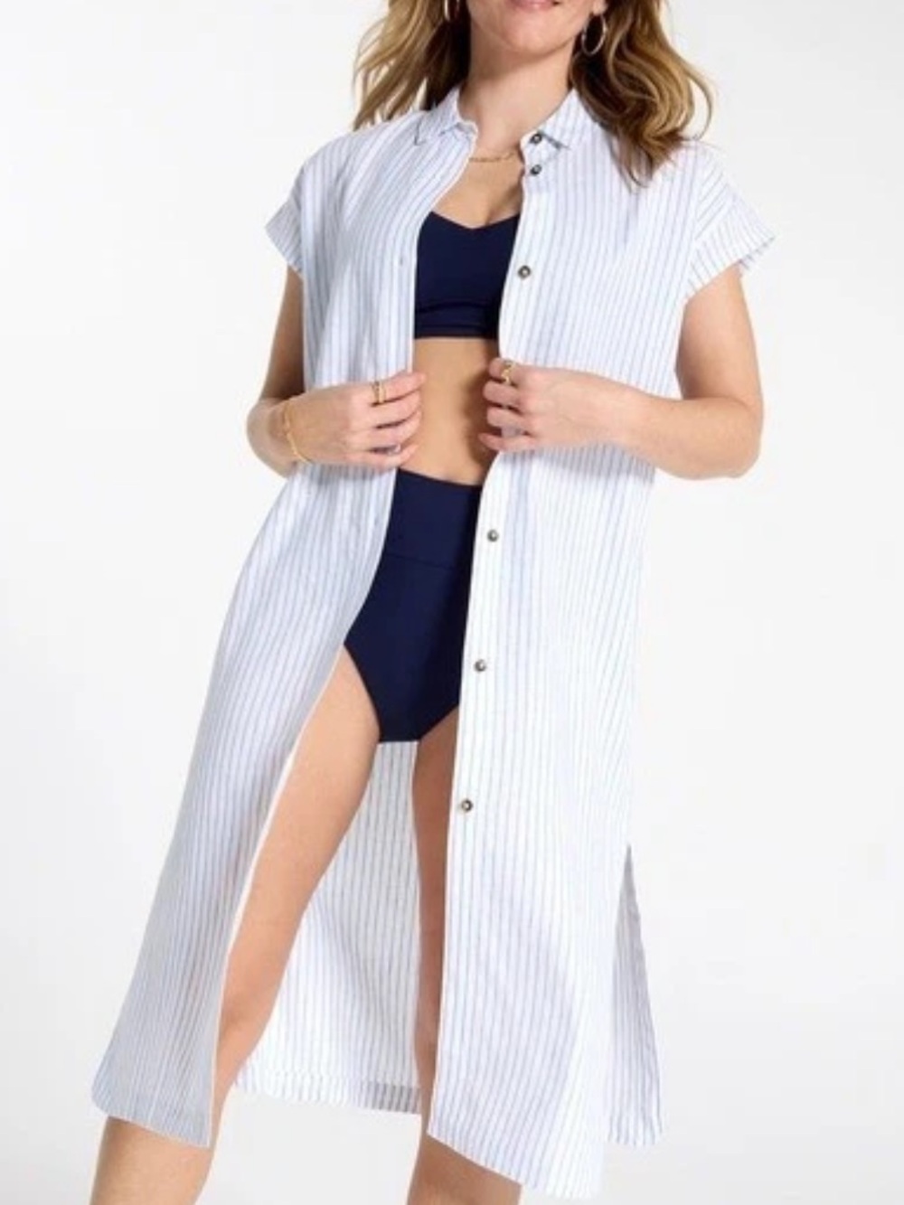 CALIA Medium Linen-Blend White/ Light Blue Striped Button Down Beach Cover-Up